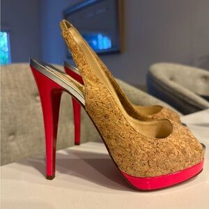 Christian Louboutin Cork and Red Peep-Toe Heels
